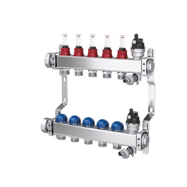 AQUA HEATING Verwarmingscircuitverdeler voor vloerverwarming, 6 verwarmingscircuits, 1 inch, 10 bar, vloerverwarmingsverdeler, messing, vernikkeld